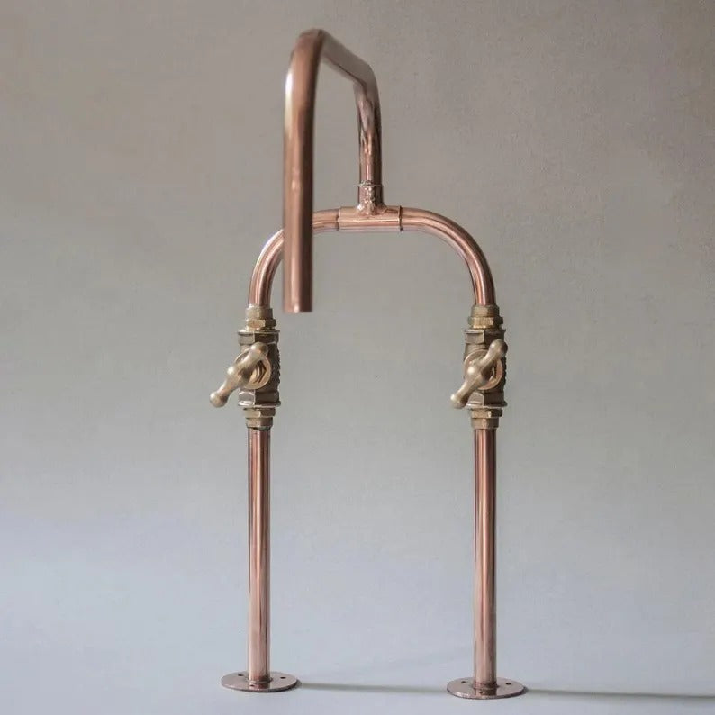Handmade copper deck mount faucet with solid brass valves, perfect for farmhouse and industrial kitchens.