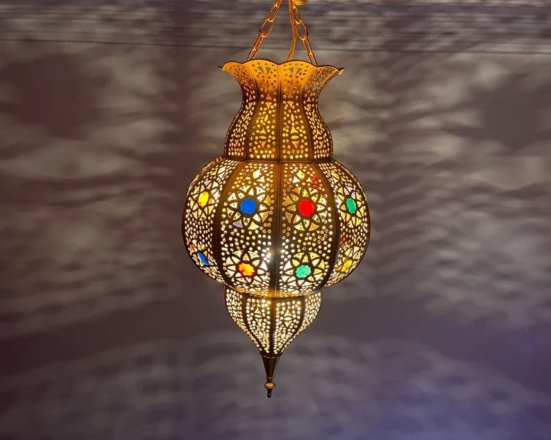 Colorful Handmade Pendant Light - Moroccan Copper Brass and Glass lampshade - hanging pendant Moroccan Lamp, small chandelier