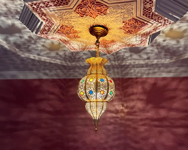 Colorful Handmade Pendant Light - Moroccan Copper Brass and Glass lampshade - hanging pendant Moroccan Lamp, small chandelier