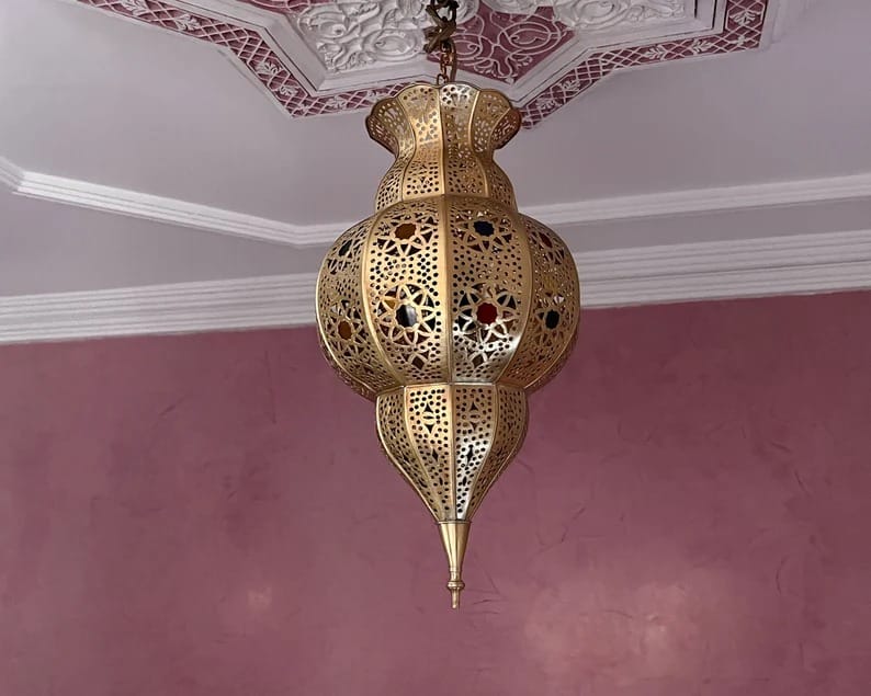 Colorful Handmade Pendant Light - Moroccan Copper Brass and Glass lampshade - hanging pendant Moroccan Lamp, small chandelier